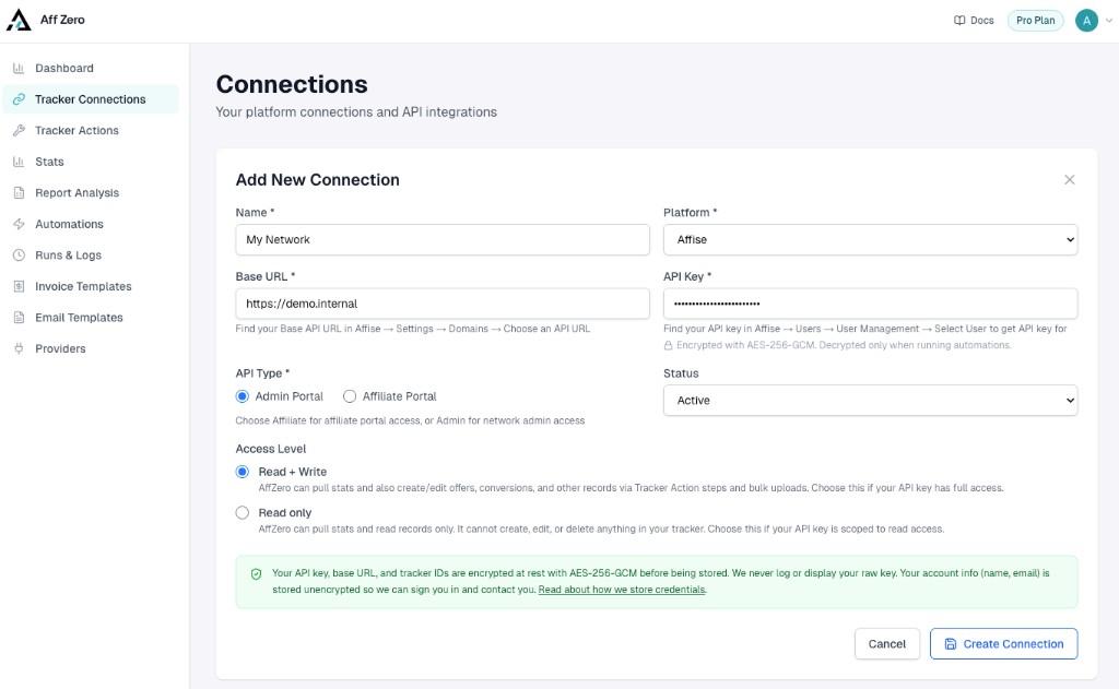 AffZero Add New Connection form with platform, base URL, API key, and access level options