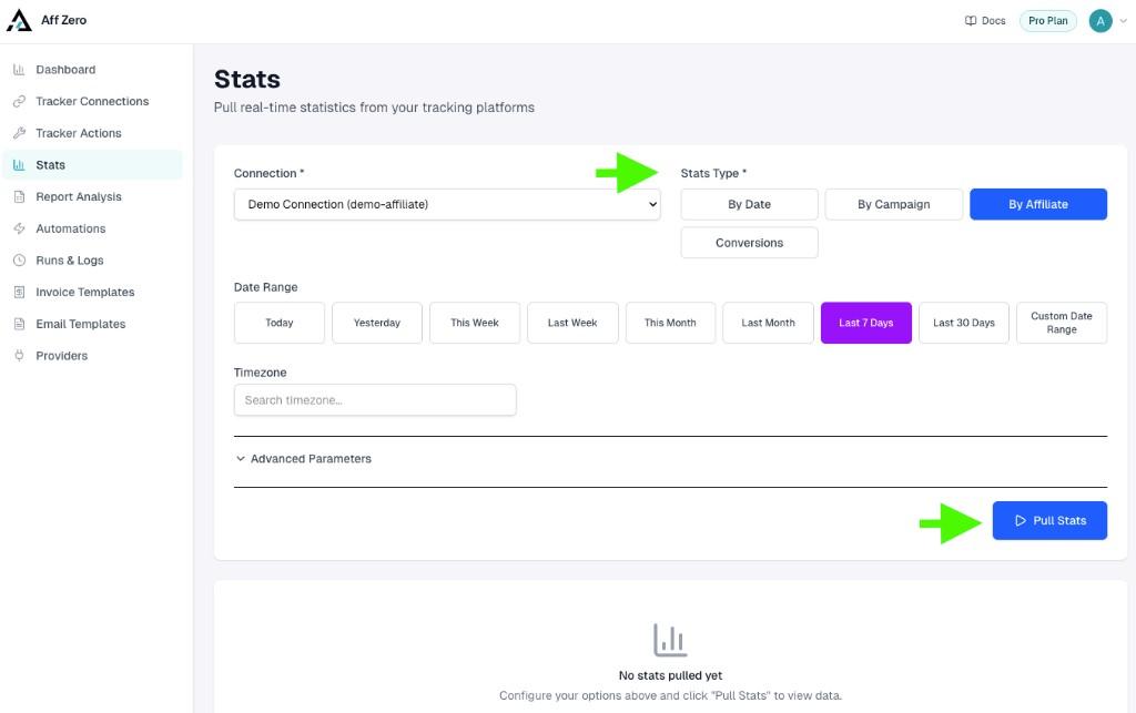 AffZero Stats page with connection, stat type, date range, and Pull Stats button