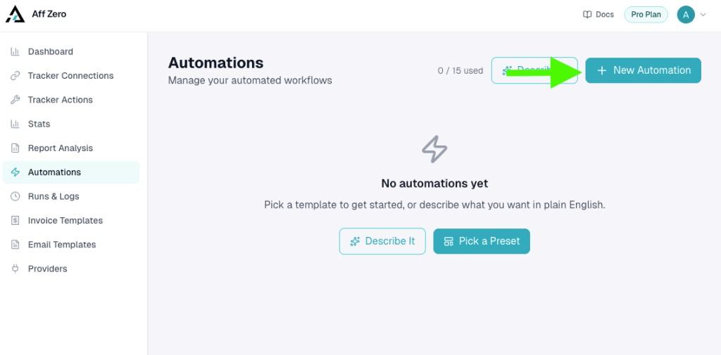 AffZero Automations page with New Automation highlighted in the header