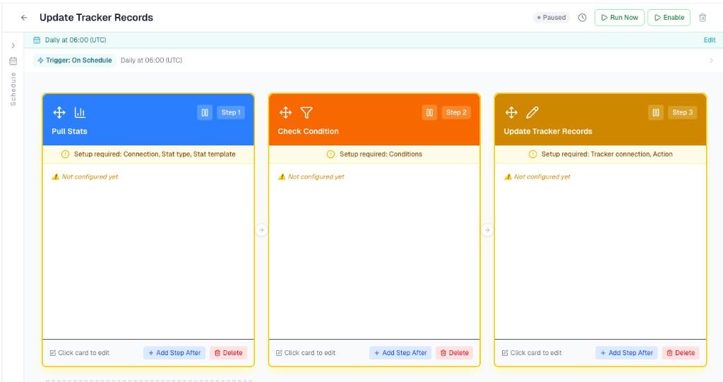Automation builder with Pull Stats, Check Condition, and Update Tracker Records steps