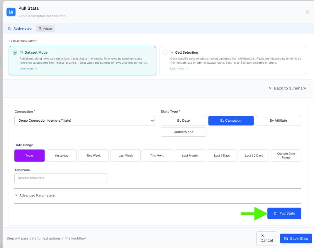 Pull Stats step editor in Dataset mode with connection, stat type, and date presets