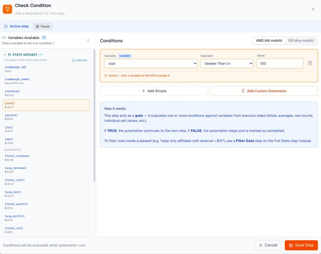 Check Condition editor comparing the cost variable to 100