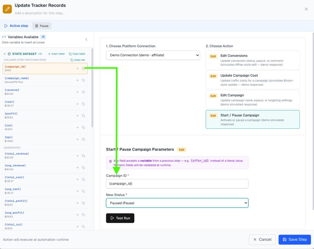 Update Tracker Records step mapping campaign_id and setting status to Paused