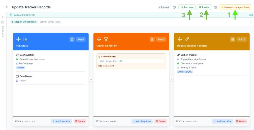 Automation builder header with Save, Run Now, and Enable actions