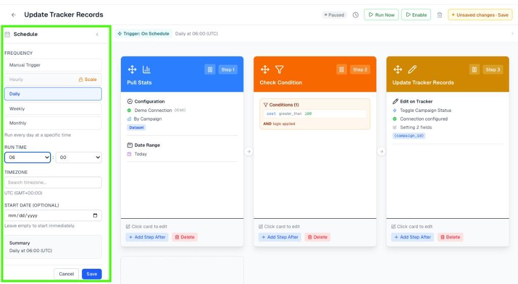 Schedule sidebar showing Daily at 06:00 UTC with timezone controls