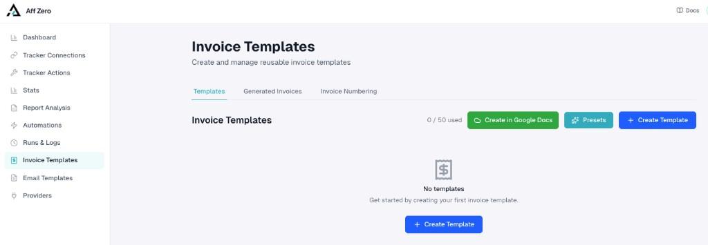 Invoice Templates page with Templates, Generated Invoices, Invoice Numbering tabs
