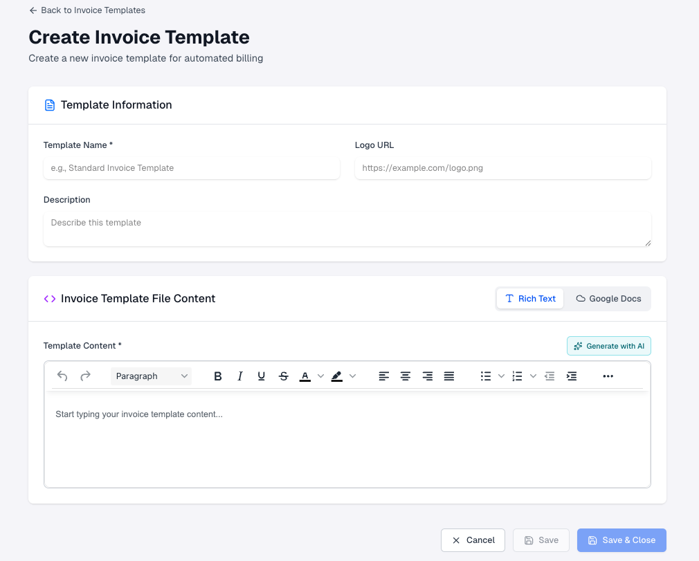 Create Invoice Template with Template Information and Rich Text editor