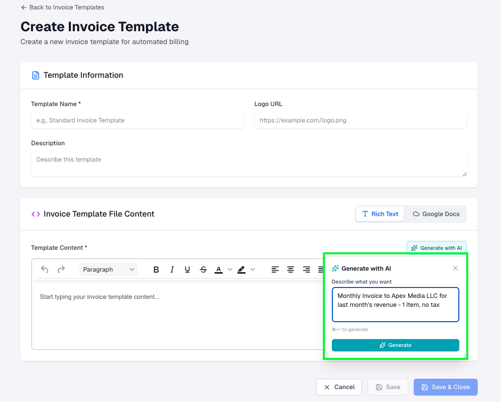 Generate with AI popup describing an invoice to Apex Media LLC