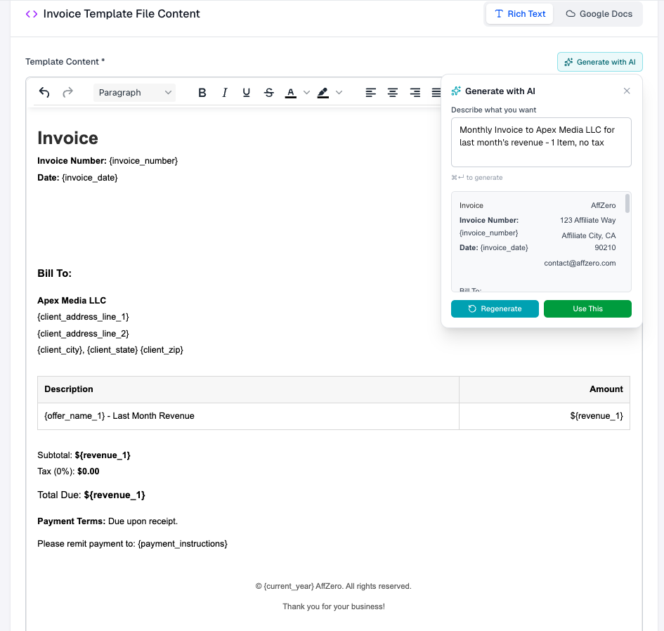 AI preview with Regenerate and Use This for invoice template