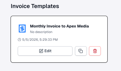 Invoice template card Monthly Invoice to Apex Media with Edit Duplicate Delete