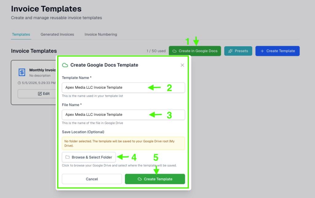Create Google Docs Template modal with folder browse and Create Template