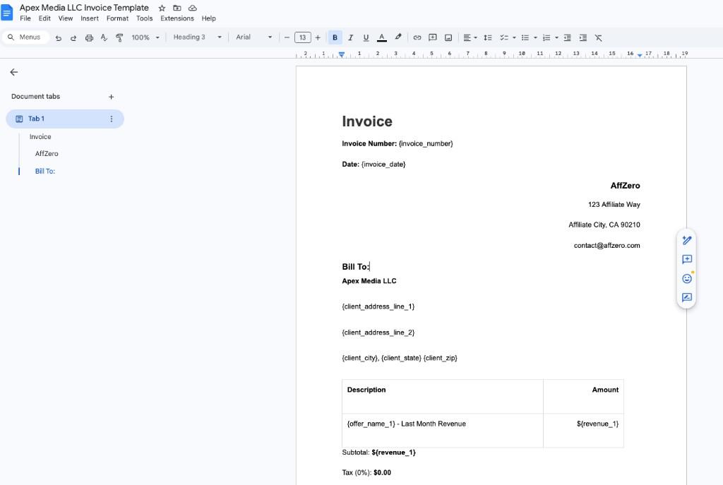 Google Doc invoice with variable placeholders in body and table