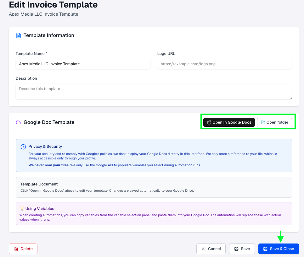 Edit Invoice Template for Google Doc with Open in Google Docs and Save & Close