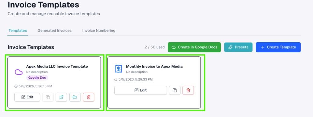 Invoice Templates list showing Google Doc and HTML-style cards