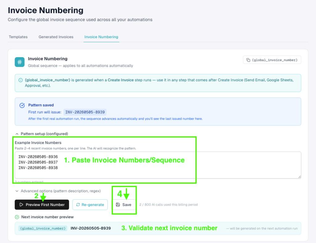Invoice Numbering page with example numbers, Preview First Number, next number preview, and Save