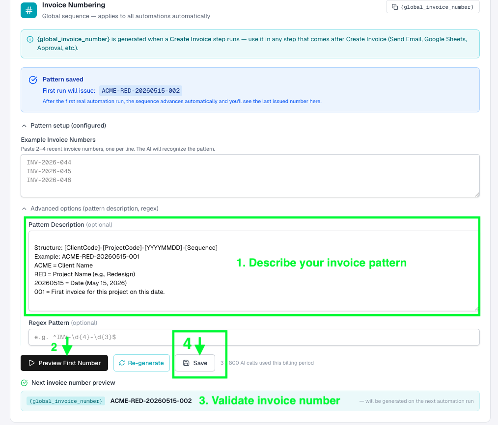 Invoice numbering advanced options with pattern description, regex, and preview