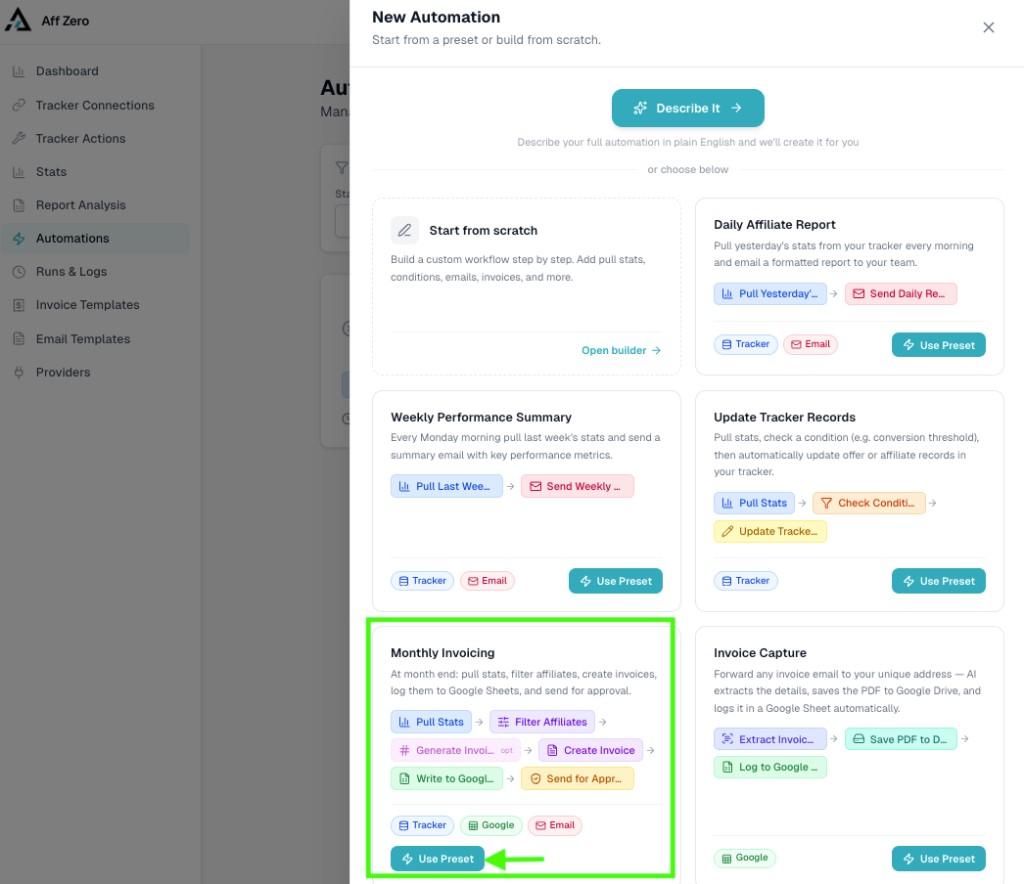 New Automation modal with Monthly Invoicing preset highlighted