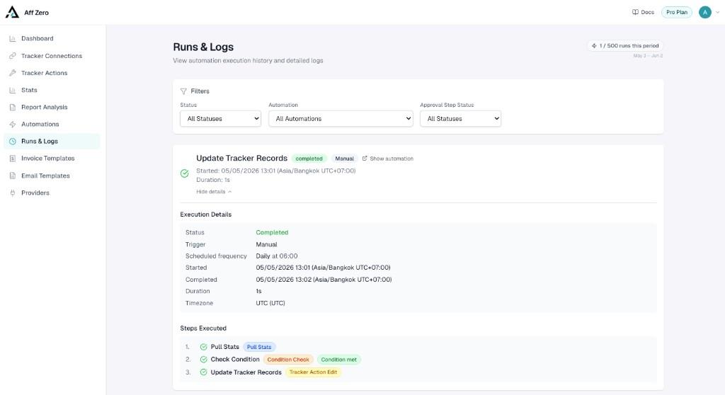 Expanded run in Runs & Logs listing Pull Stats, Condition Check, and Tracker Action steps