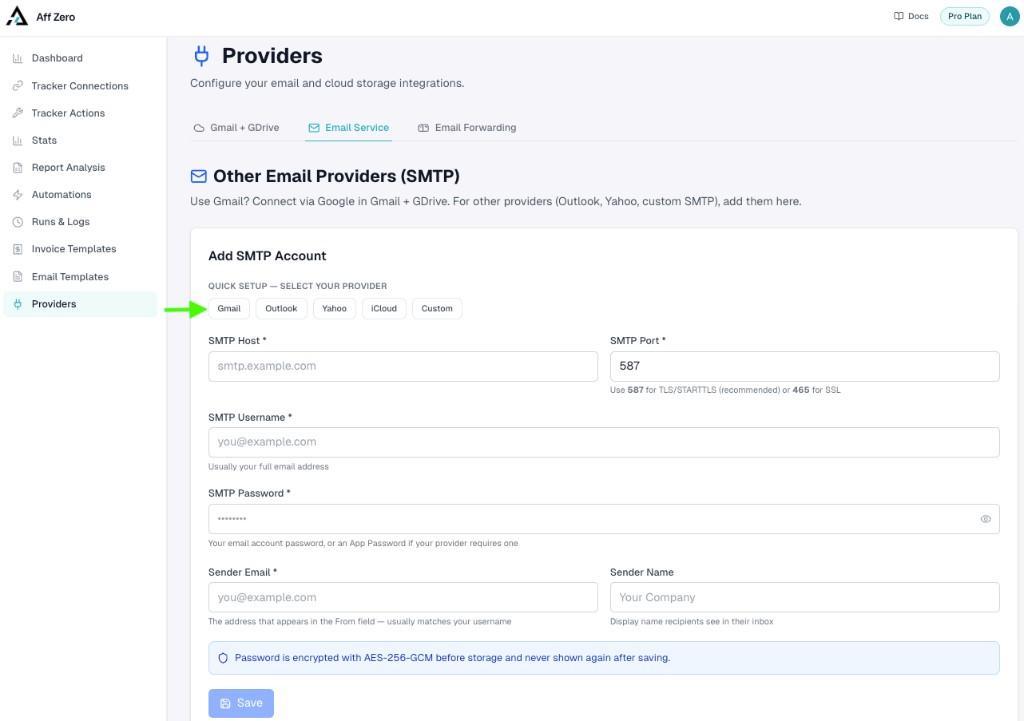 AffZero Providers Email Service tab with SMTP quick-setup provider buttons
