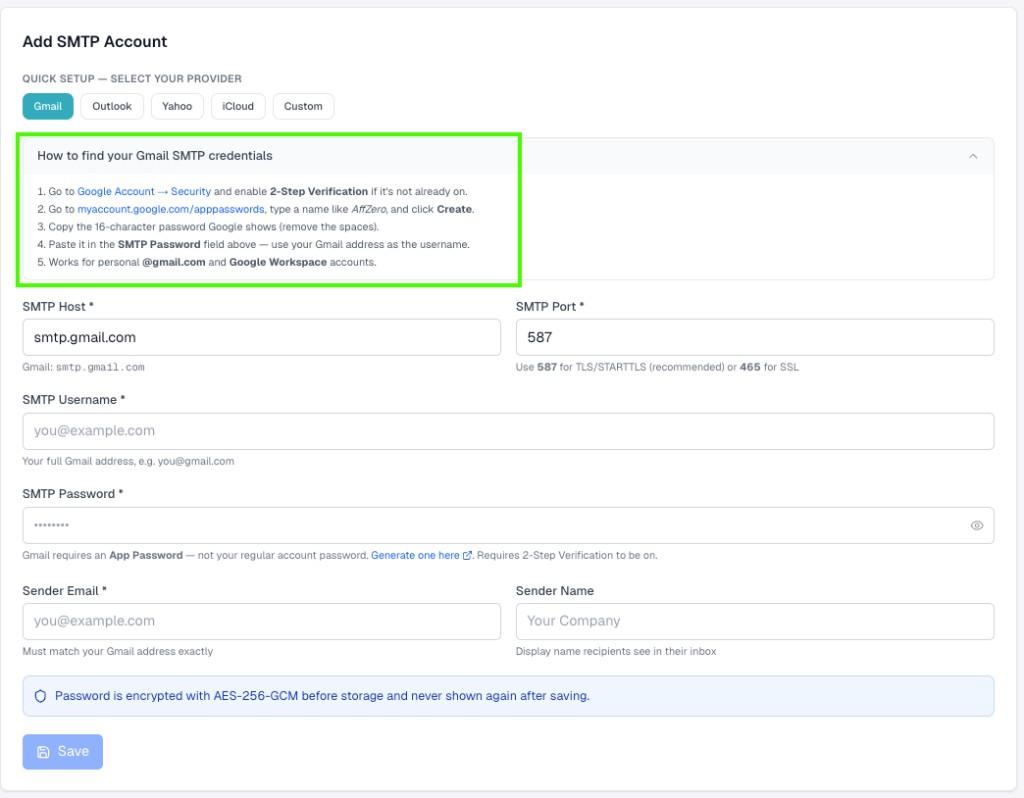 Add SMTP Account form with Gmail selected and App Password instructions