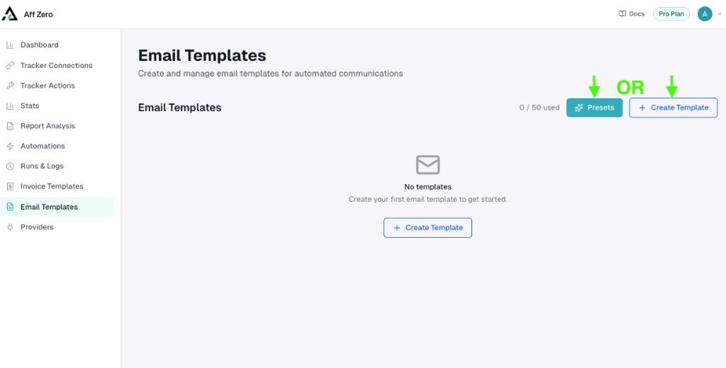 Email Templates page with Presets, Create Template, and empty state
