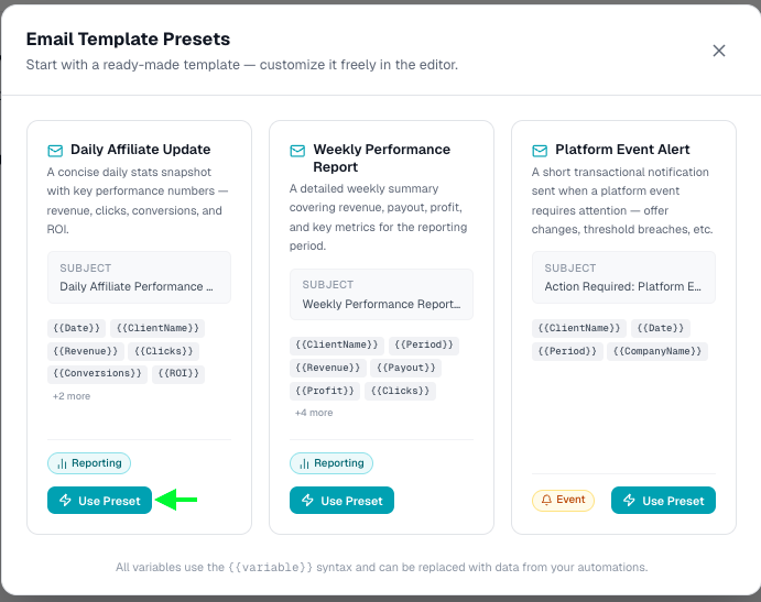Email Template Presets modal with Daily Affiliate Update and Use Preset