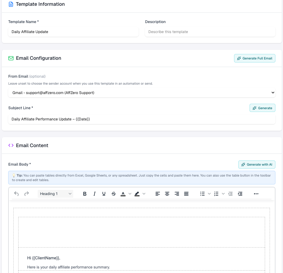 Template editor with name, From dropdown, subject, and email body
