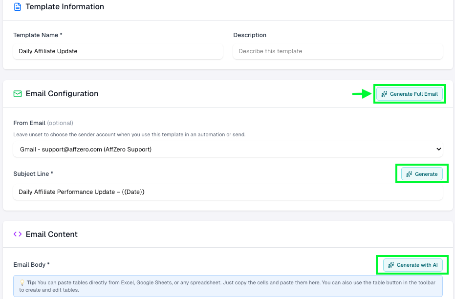 Email Configuration and Content with Generate Full Email and Generate with AI