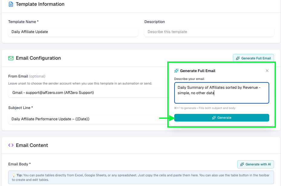 Generate Full Email modal with describe-your-email prompt field