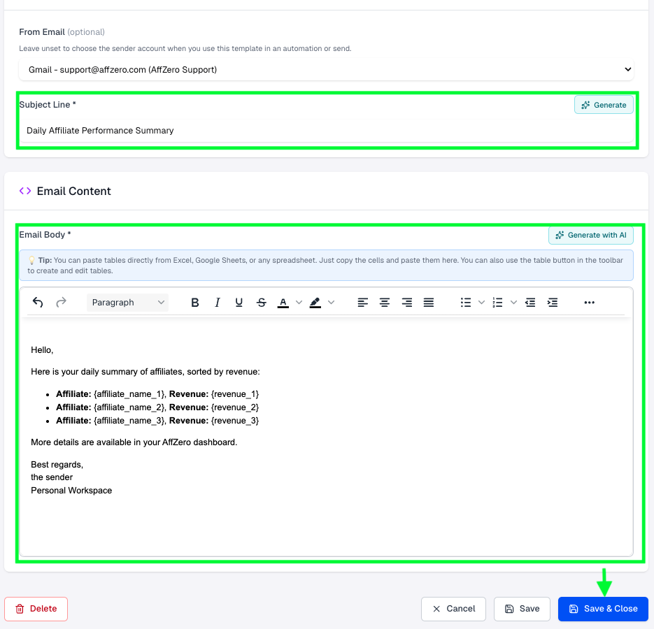 Email body with affiliate revenue variables and Save & Close