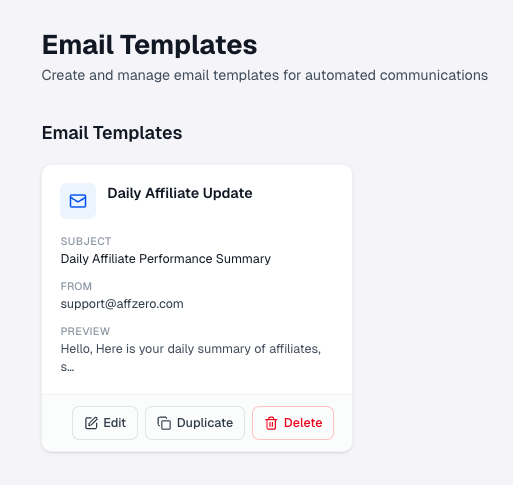 Email Templates list showing Daily Affiliate Update card with Edit Duplicate Delete