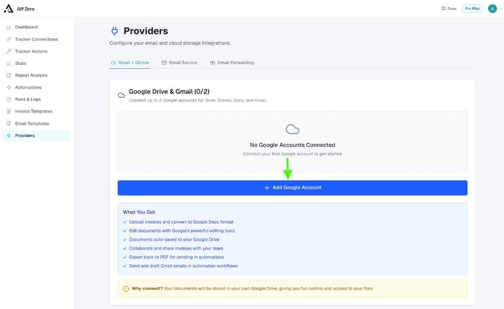 AffZero Providers page on Gmail + GDrive tab with Add Google Account