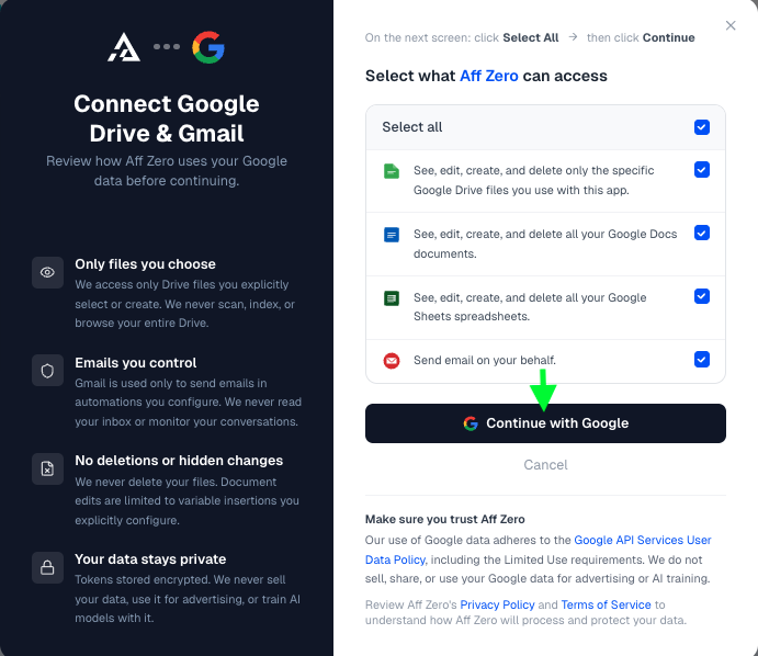 Connect Google Drive & Gmail modal with permission checklist and Continue with Google
