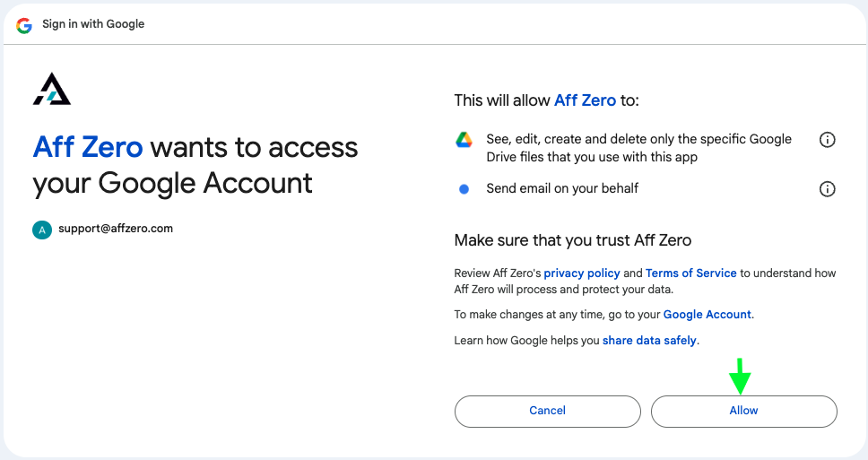 Google OAuth screen listing Drive and Gmail permissions with Allow