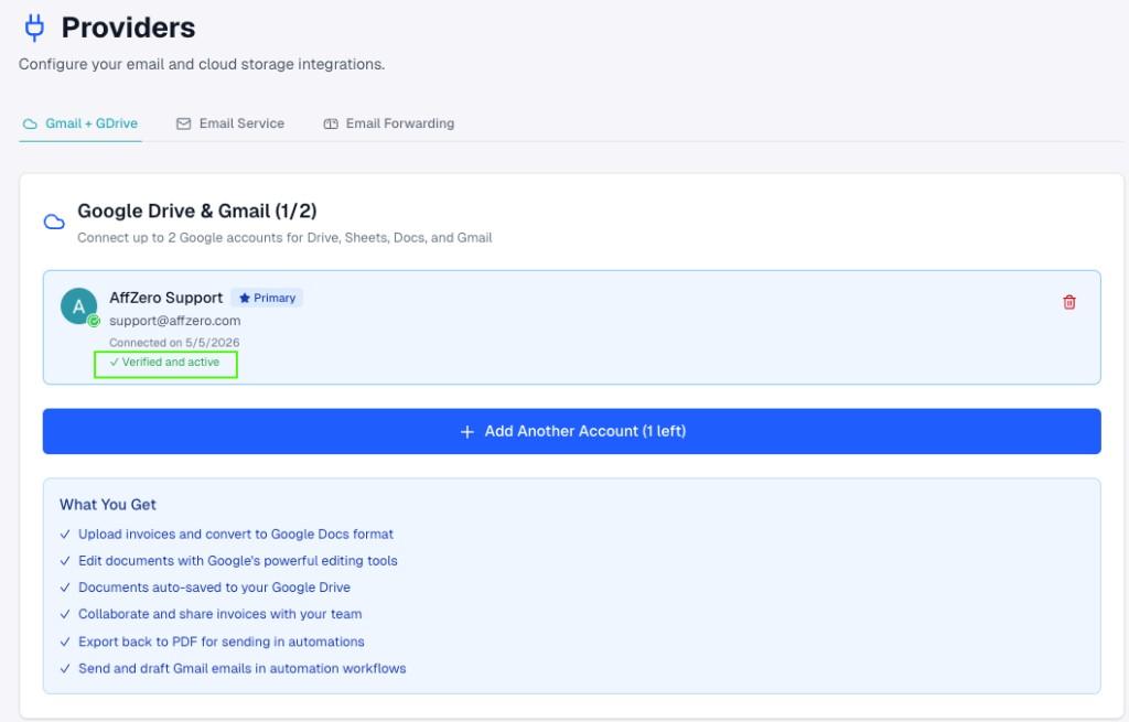 Connected Google account card showing Primary and Verified and active